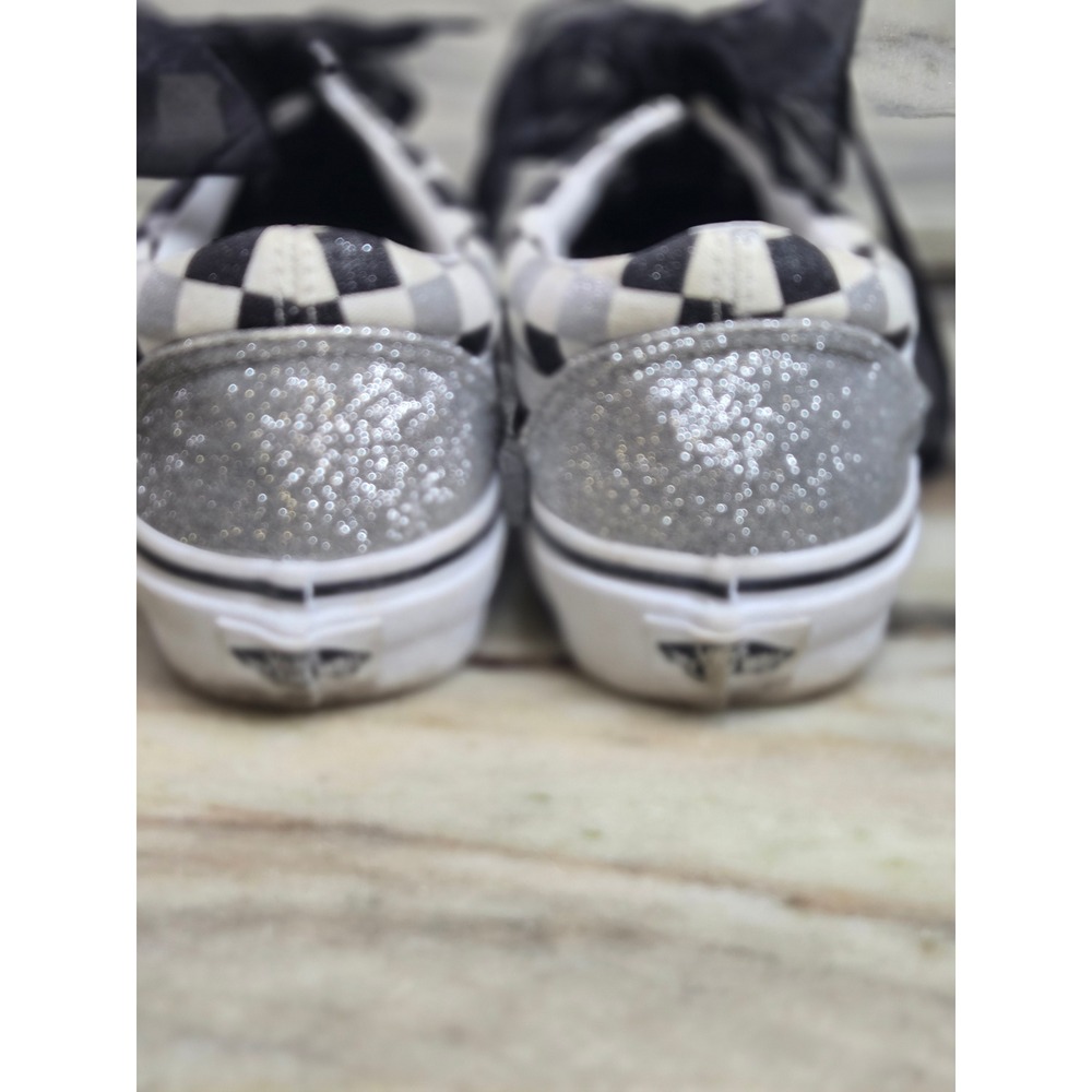 Vans Old Skool Checkerboard Silver Glitter Ribbon Lace Sneakers Womens 8 - Picture 4 of 8